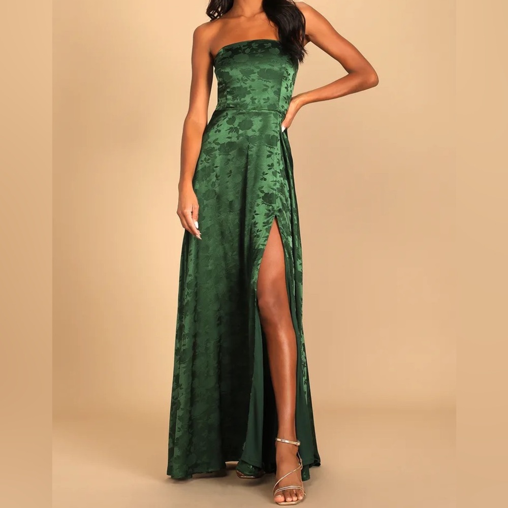 Emerald Green Satin Jacquard Strapless Maxi Dress